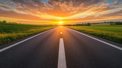 A scenic road stretches towards a vibrant sunset.