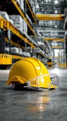 Bright Yellow Safety Helmet and Protective Glasses on Warehouse Floor in Industrial Environment