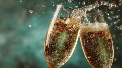 Luxury Celebration: Champagne Flutes Clinking with Splashing Crystal Bubbles Dark Background Highlighting High-End Alcohol Texture