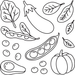Vegetable Outline Vector Set with Eggplant, Peas, Avocado, and Spinach