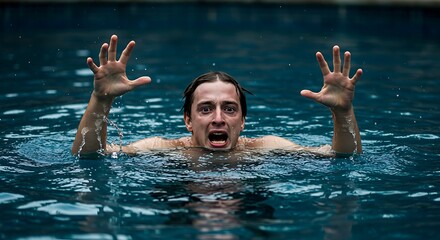 Drowning caucasian man in swimming pool asking for help. He stretching his hands in fear. Emotional stress in dangerous situation.