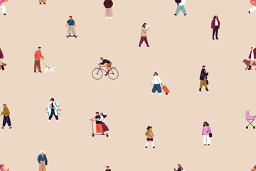Naklejka na ściany i meble Repeatable pattern of different tiny people strolling on city streets. Endless background of various men and women walk their dogs, ride scooter, skateboard, cycling. Flat seamless vector illustration