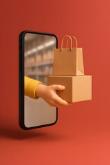 Mobile commerce innovation with hand delivering parcels from smartphone in red surreal background
