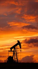 Oil Pump Jack Silhouette Against Vibrant Sunset Sky with Colorful Clouds and Warm Tones