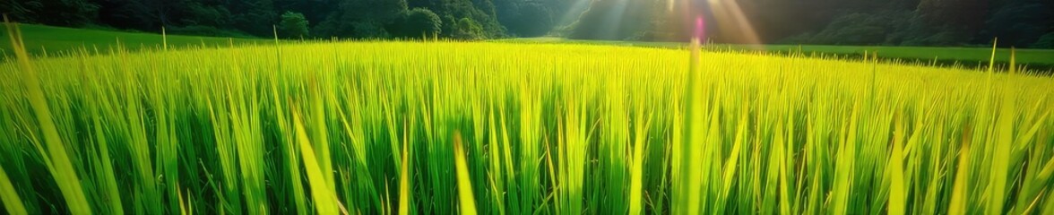 Obraz premium Sun-drenched rice paddies in Bali, lush green stalks heavy with ripening grain, ready for harvest Traditional farming methods preserve the island's beauty , farming, bali, field