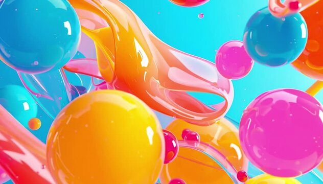 colorful 3d abstract background with waves, balls and fluid