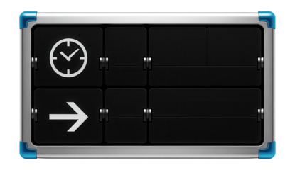 Retro flip-style timetable board with mechanical flaps and metal frame