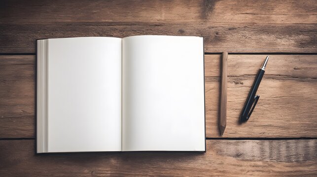 Minimalist wooden desk with an open notebook and writing tools, showcasing simplicity and productivity.