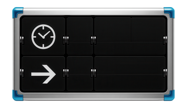 Retro flip-style timetable board with mechanical flaps and metal frame