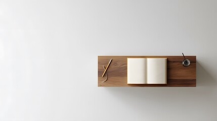 Minimalist wooden desk with an open notebook and writing tools, showcasing simplicity and productivity.