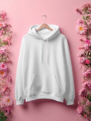 White Hoodie Mockup on Pink Background with Flowers. High quality