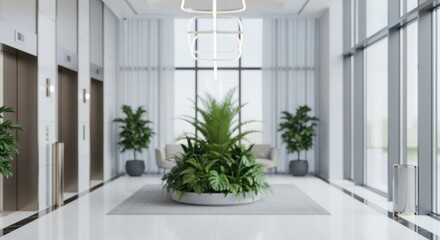 Bright, spacious, and contemporary office lobby featuring elevators, lush green plants, a stylish chandelier, and large windows creating a welcoming and professional atmosphere