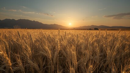 Majestic mountain landscape with glowing wheat field at sunset