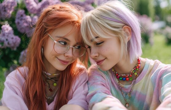 A young woman with glasses and her friend in pink shirt, red hair bow sitting on the green grass near lilac flowers eating ice cream