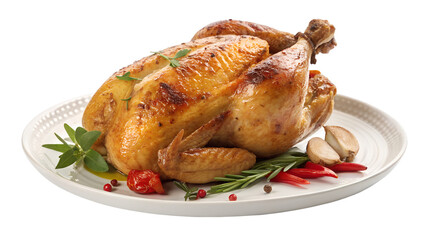 roasted chicken on a white plate , roast chiken on a plate with transparent backround