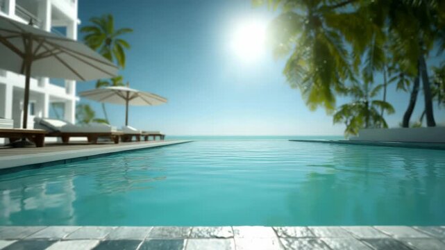 Tropical resort swimming pool view with palm trees and serene ocean backdrop
