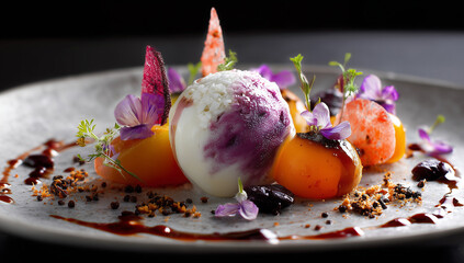 Abstract gourmet dish with purple lighting and mist
