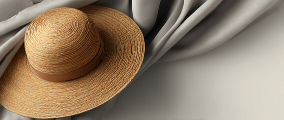 Woven straw mat and mug on beige background
