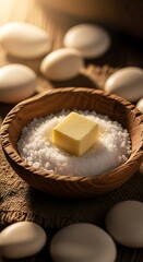 Butter cube on salt in wooden bowl with eggs in background
