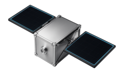 Small satellite with a rectangular chassis and a pair of hinged solar panels
