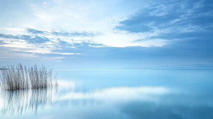 Obraz premium Tranquil lake with lush reeds emerging from water creating a serene natural landscape scene