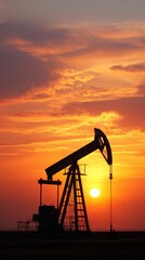 Oil Pump Jack Silhouette Against a Dramatic Sunset Sky with Vibrant Colors and Clouds in the Background