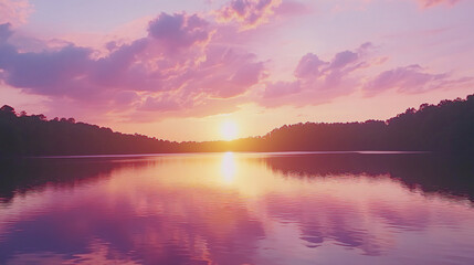 Fototapeta premium Breathtaking sunset over tranquil lake with vibrant colors illuminating the evening sky