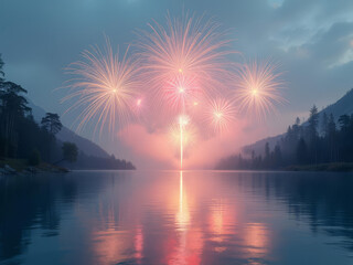 Feu d’artifice spectaculaire sur lac entouré de montagnes au coucher du soleil avec reflets magiques