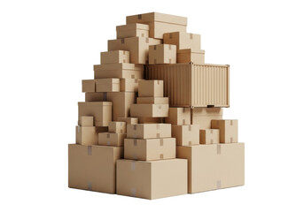 Fototapeta premium Multi-layered stack of new, sealed light brown corrugated cardboard boxes, varying sizes, shipping tape, on pristine transparent studio background with soft shadow, 3/4 view, UHD commercial