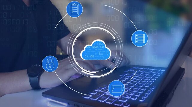 cloud service hologram hud on screen, arrows, files transfer and security. Concept of data share, backup and network