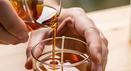 Hands pouring golden liquid, likely oil or wax, into a clear glass container with a white wick, possibly for candle making.