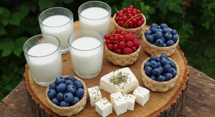 Glasses of milk with berries and cheese on a wooden surface