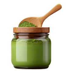 Green Matcha Powder in Glass Jar with Wooden Spoon