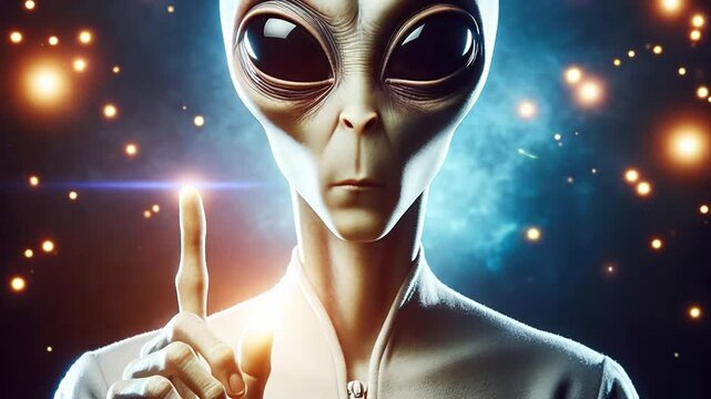 A humanoid alien with large black eyes and gray skin holds a finger to its lips in a cosmic background filled with stars and light.