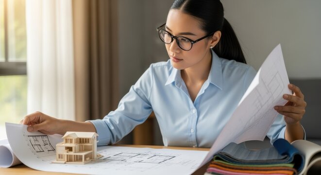 Female architect engaged in a construction project, comparing a detailed blueprint with a scale model of a house while selecting various material samples for design considerations