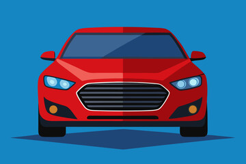 Fototapeta premium Front view of a sleek red sedan with modern headlights on a blue background