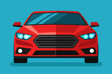 Naklejka premium Front view of a sleek red sedan with bright headlights