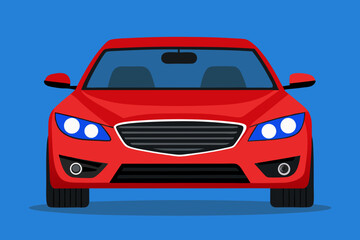 Front view of a sleek red sedan car with bright headlights on a blue background