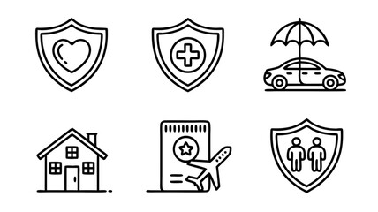 Line art icons depicting various types of insurance including health, travel, home, and life