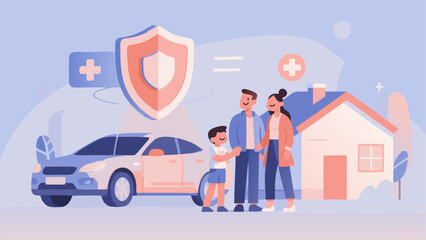 Illustration of a family with car and house under protection shield for insurance coverage