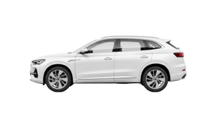 Sleek modern white SUV with high-gloss finish, meticulous details, studio photoshoot. Isolated on a transparent plain, perfectly lit with no shadows from side profile view, ultra-realistic UHD,