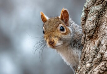 Eastern Gray Squirrel Peeking Out From Behind a Tree Trunk in Winter