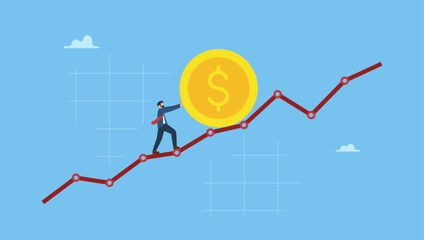 Businessman rolling up dollar coin on stock market chart. Compound interest exponential growth, investing earning profit, wealth management or savings, pension fund growing in long term investment.