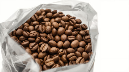 Fototapeta premium Ultrarealistic Close-up of Roasted Coffee Beans in an Open Foil Bag on a White Background, Perfect for Beverage and Product Photography