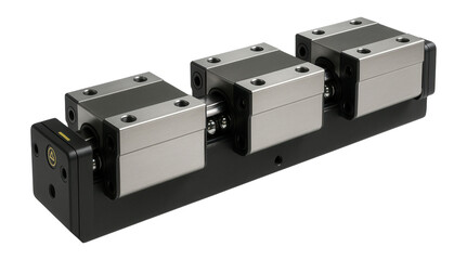 Heavy-duty linear guide with a wide rail and multiple carriages for supporting large loads in a CNC machining center.