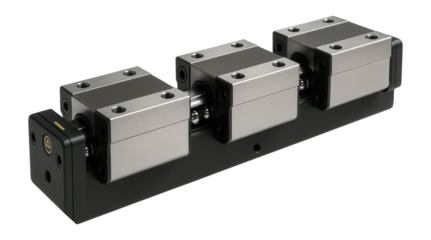 Heavy-duty linear guide with a wide rail and multiple carriages for supporting large loads in a CNC machining center.
