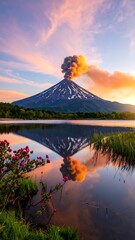 Volcanic peak erupting at sunset, reflected in a calm lake with vibrant flora in the foreground
