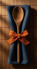 Wooden spoon rests on blue napkin with orange ribbon bow
