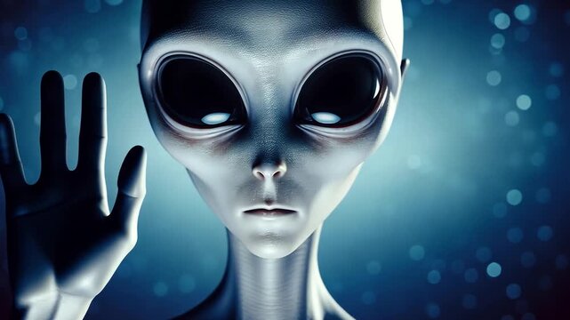 A close-up of a gray alien with large black eyes and a smooth head. The alien raises one hand against a dark, starry background, suggesting a mysterious atmosphere.