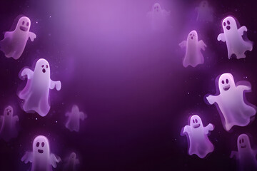 Cute and spooky Halloween backdrop with soft fog and floating ghosts.